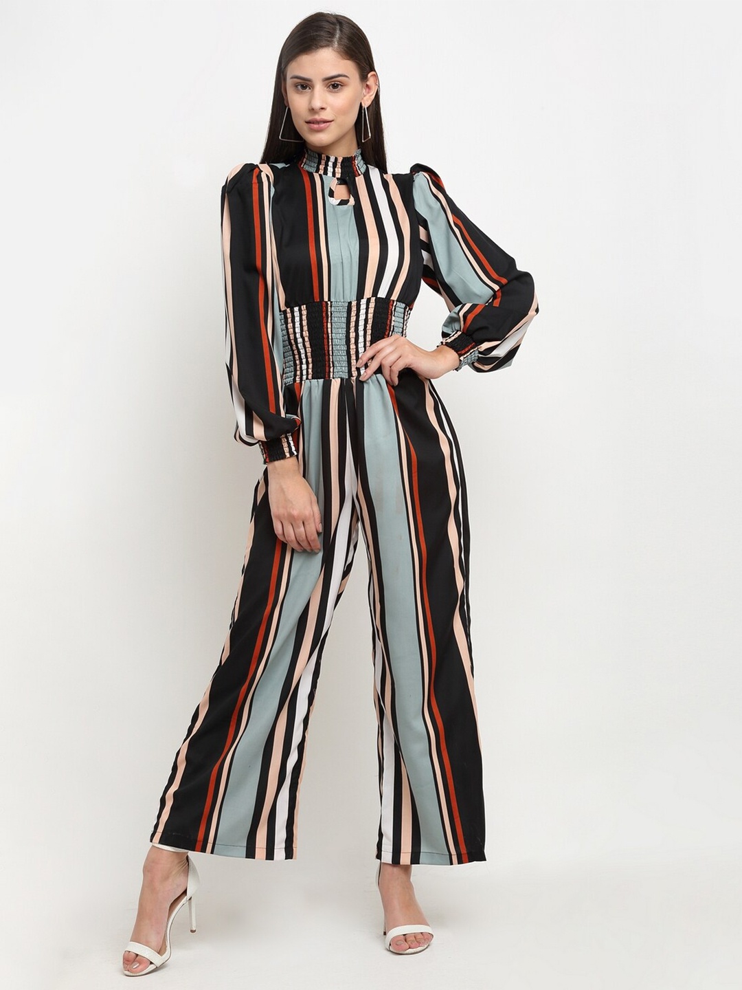

emeros Black & Red Striped Keyhole Neck Smocking-Detail Basic Jumpsuit