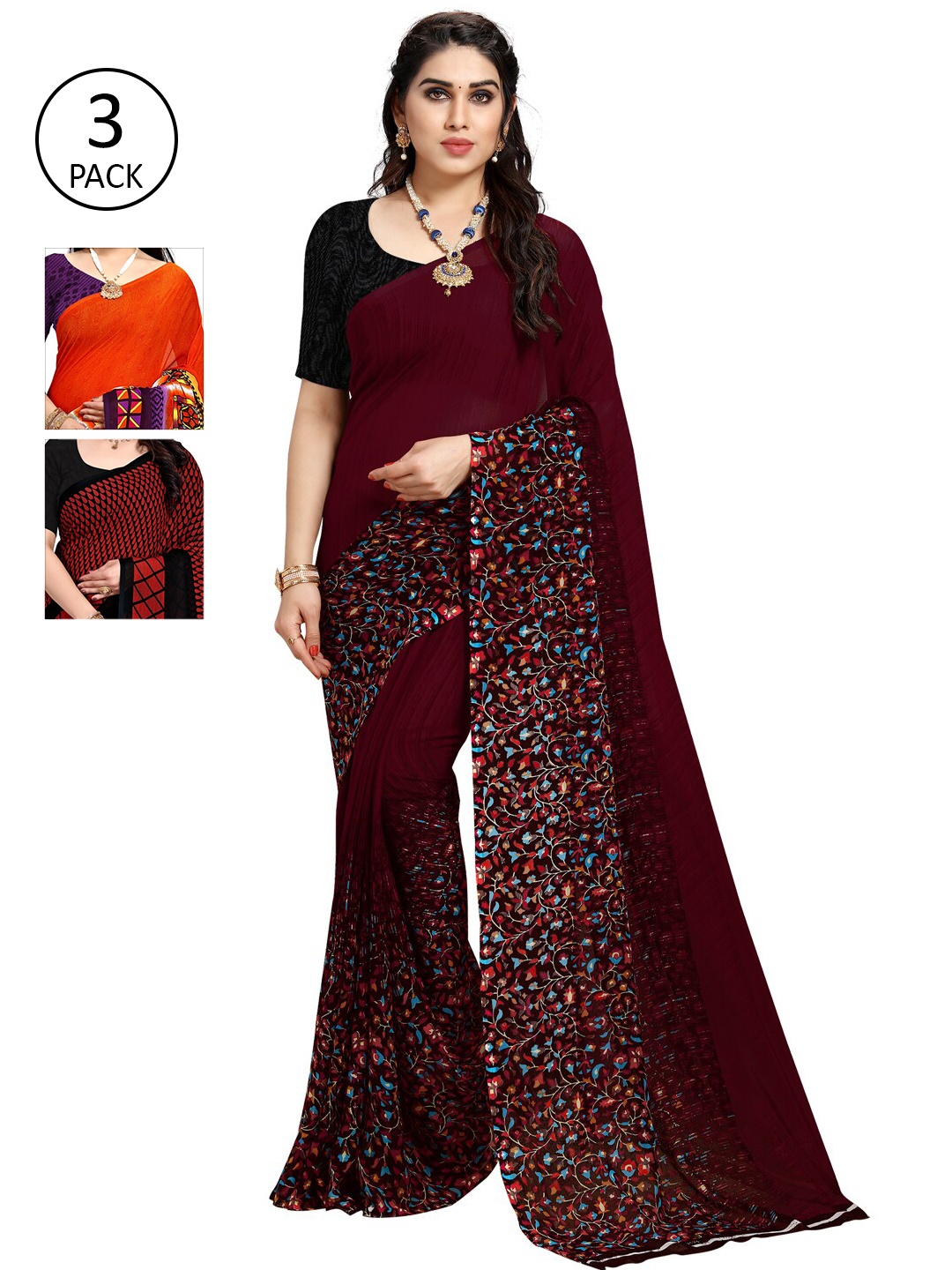 

KALINI Pack of 3 Printed Poly Georgette Sarees, Multi