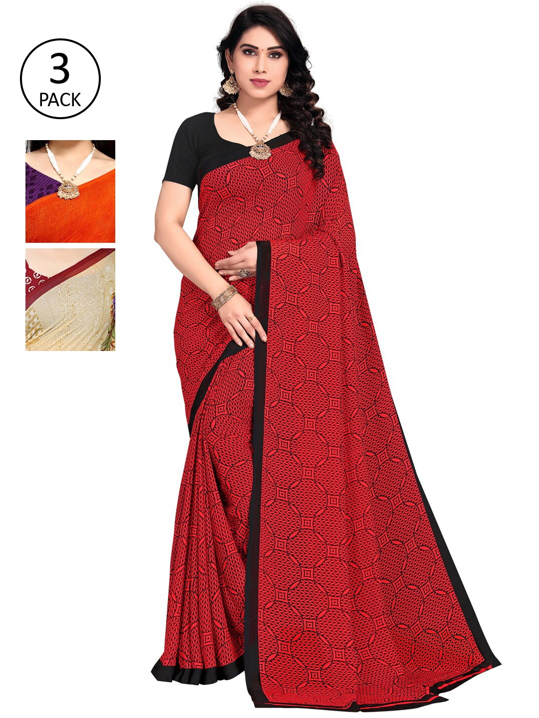 

KALINI Pack of 3 Red & Orange Poly Georgette Saree
