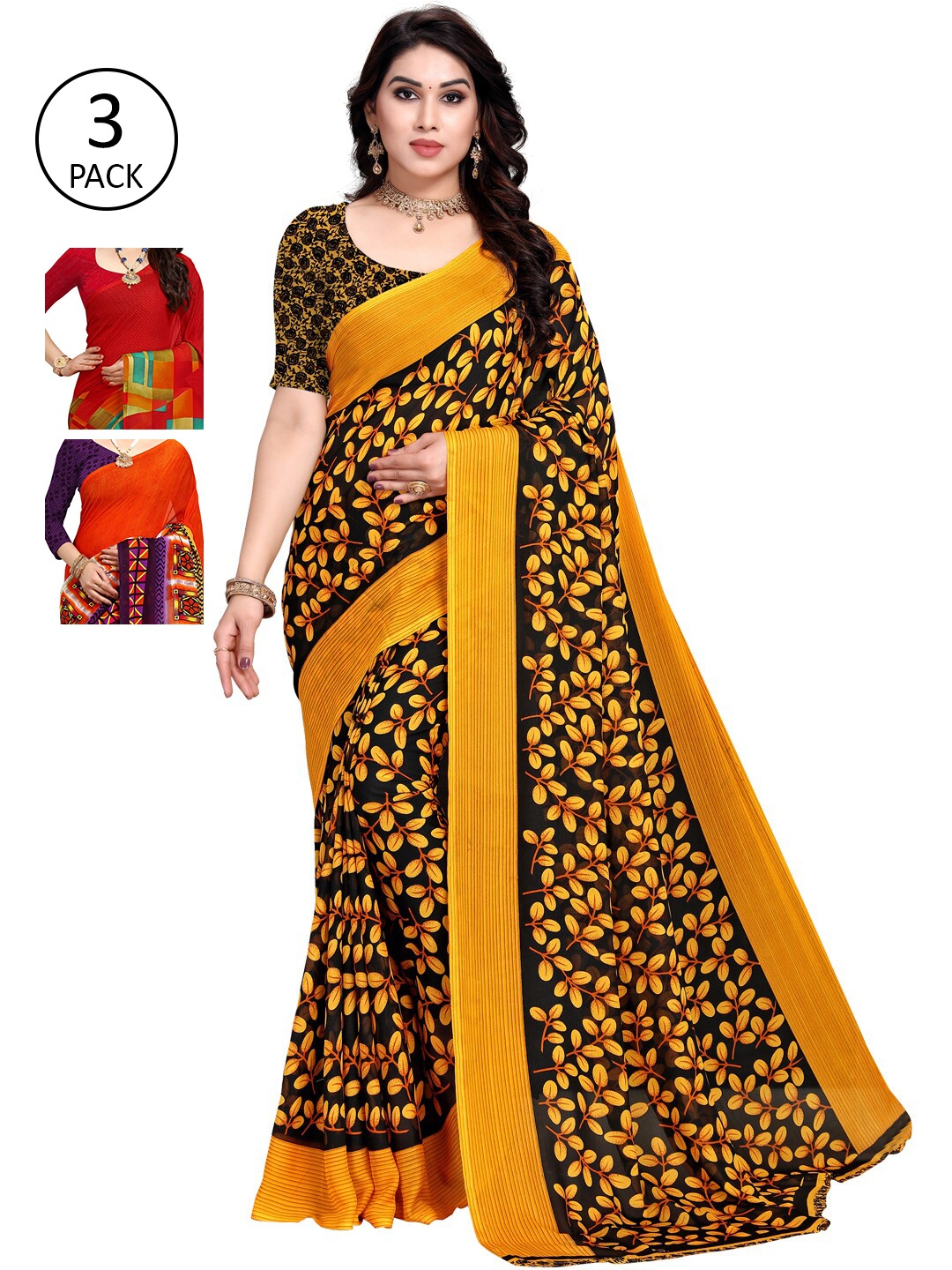 

KALINI Pack of 3 Orange & Yellow Floral Saree