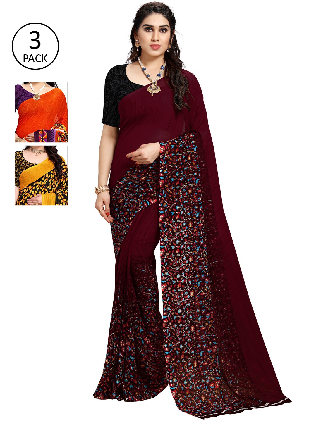 

KALINI Multicoloured Set of 3 Poly Georgette Saree, Multi