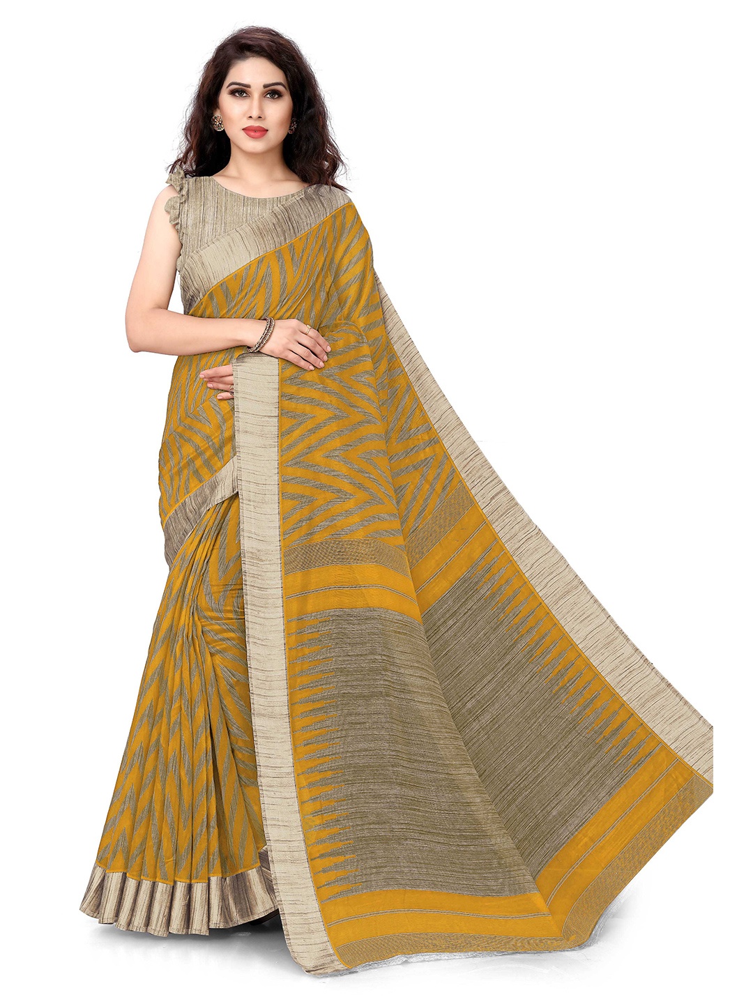KALINI Mustard & Beige Polycotton Leheriya Print Saree