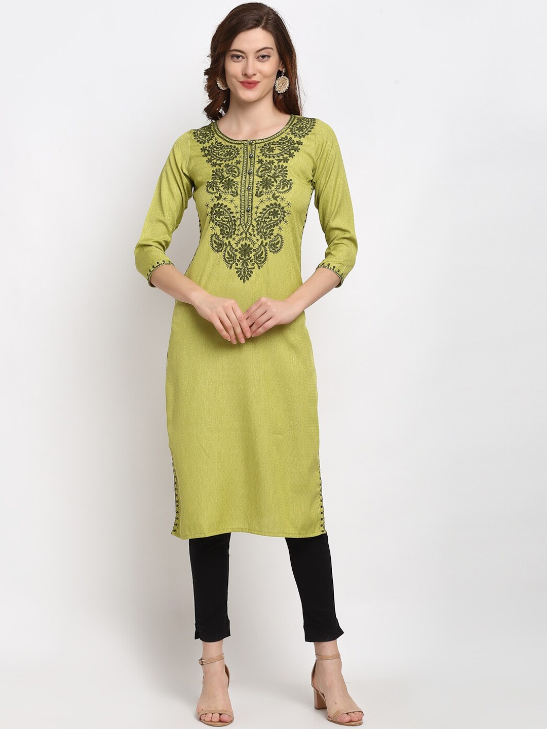 

Lovely Lady Women Lime Green Embroidered Thread Work Kurta