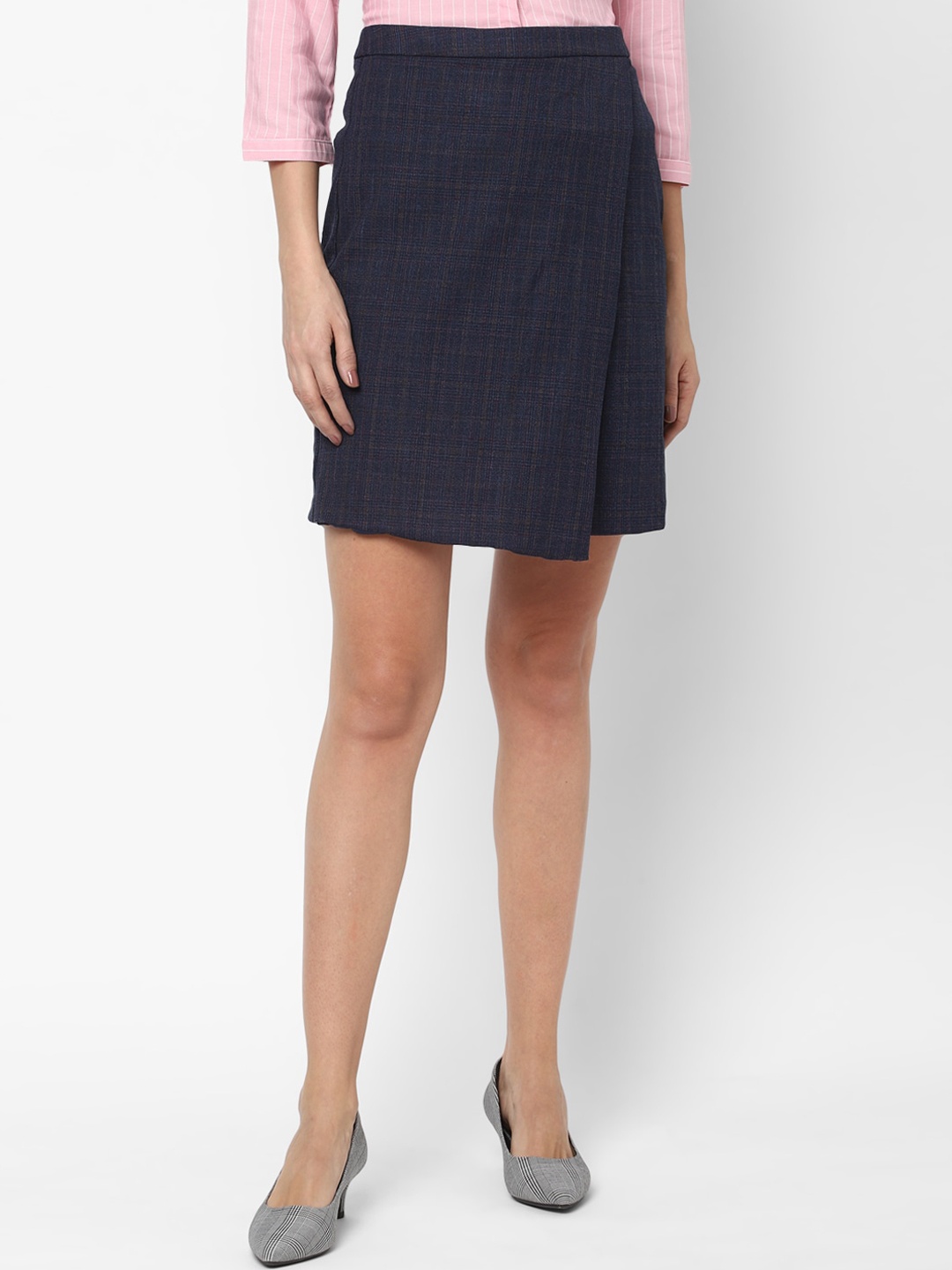 

Allen Solly Woman Women Navy Blue Checked Knee Length Wrap Skirt