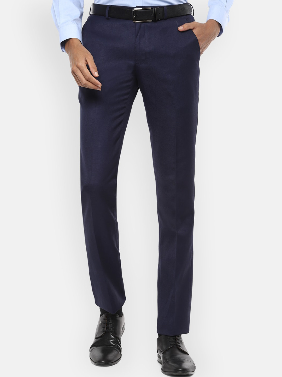 

V Dot Men Navy Blue Textured Skinny Fit Formal Trousers