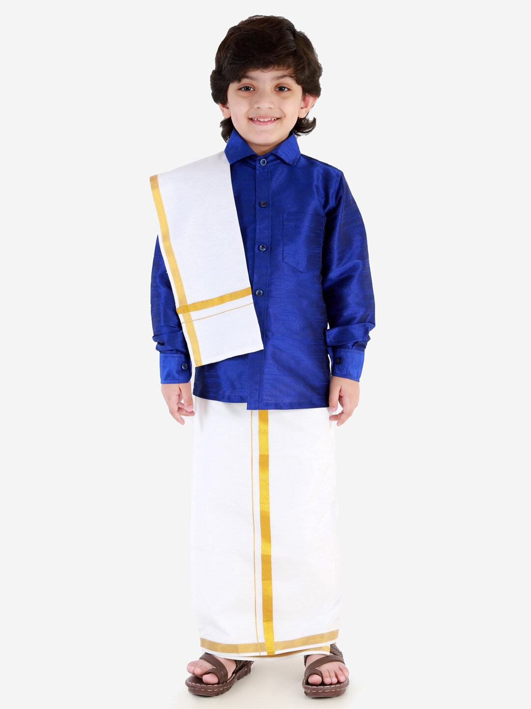 

VASTRAMAY Boys Blue & White Shirt with Dhoti & Dupatta