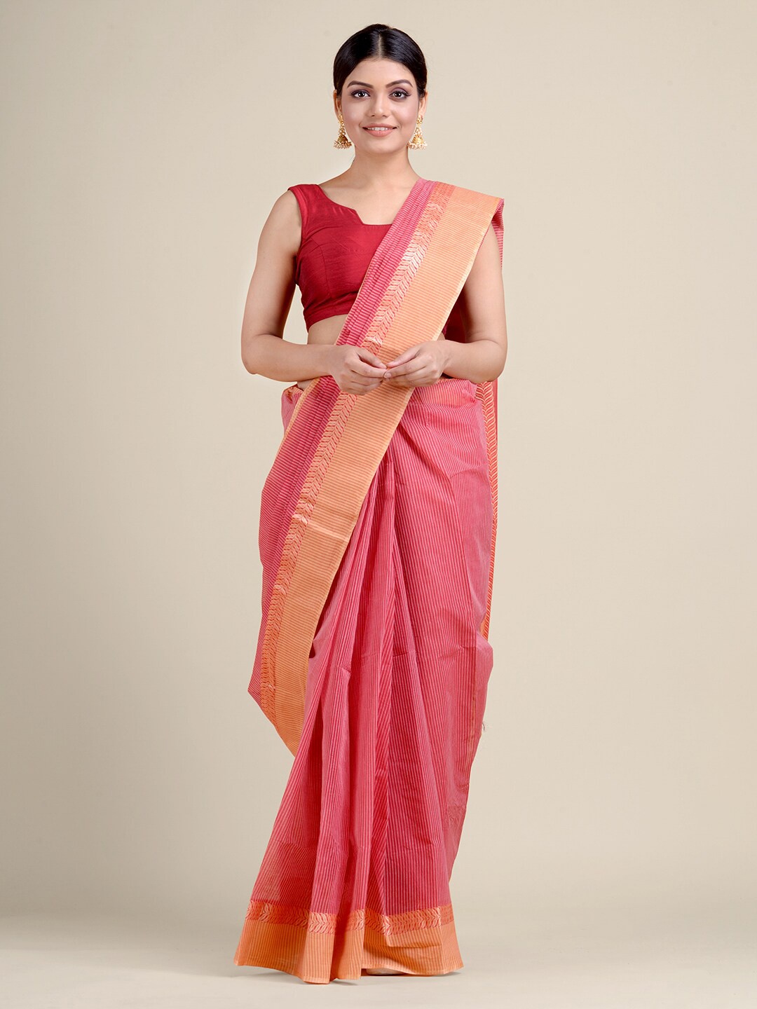 

Charukriti Red & Golden Striped Pure Cotton Handloom Taant Saree