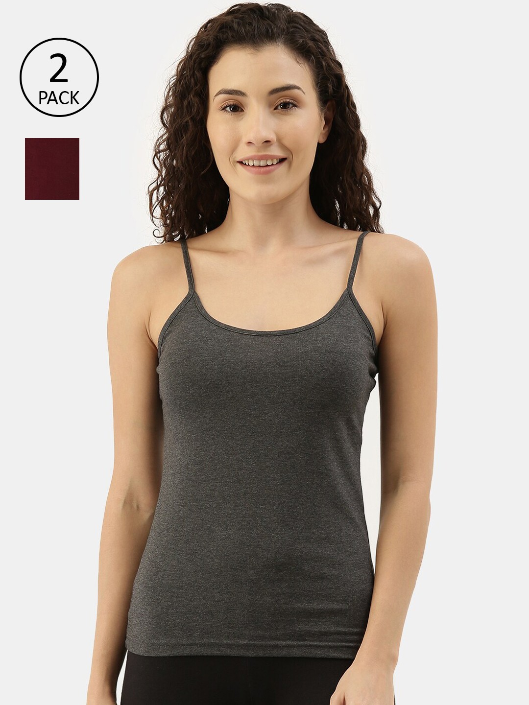 

appulse Women Pack Of 2 Solid Cotton Camisoles, Charcoal