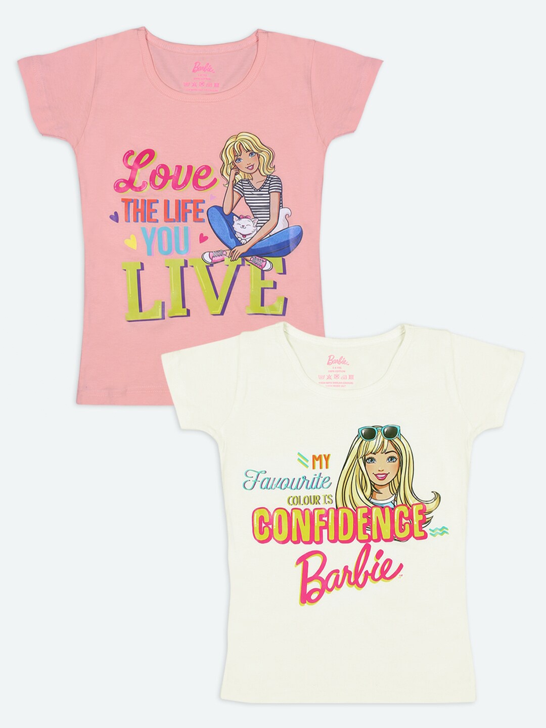 

Barbie Girls Pack of 2 Multi-Colored Printed Pure Cotton T-shirt, Peach