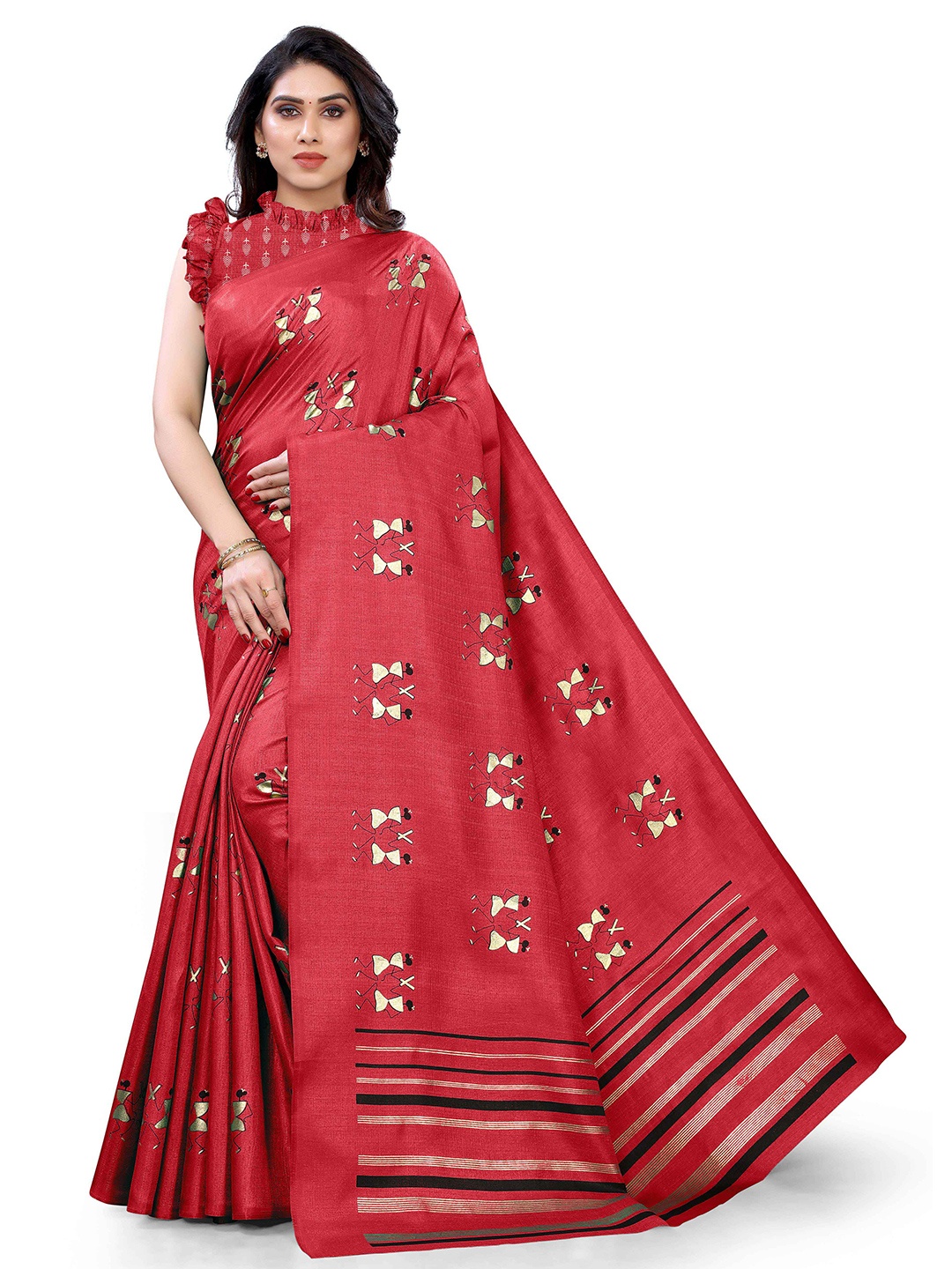 

KALINI Red & Gold Art Silk Warli Print Saree