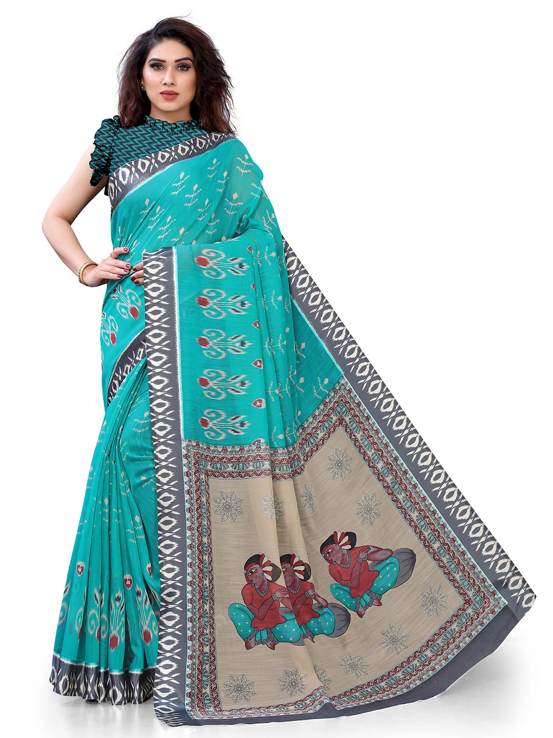 

KALINI Women Turquoise Blue Printed Cotton Saree