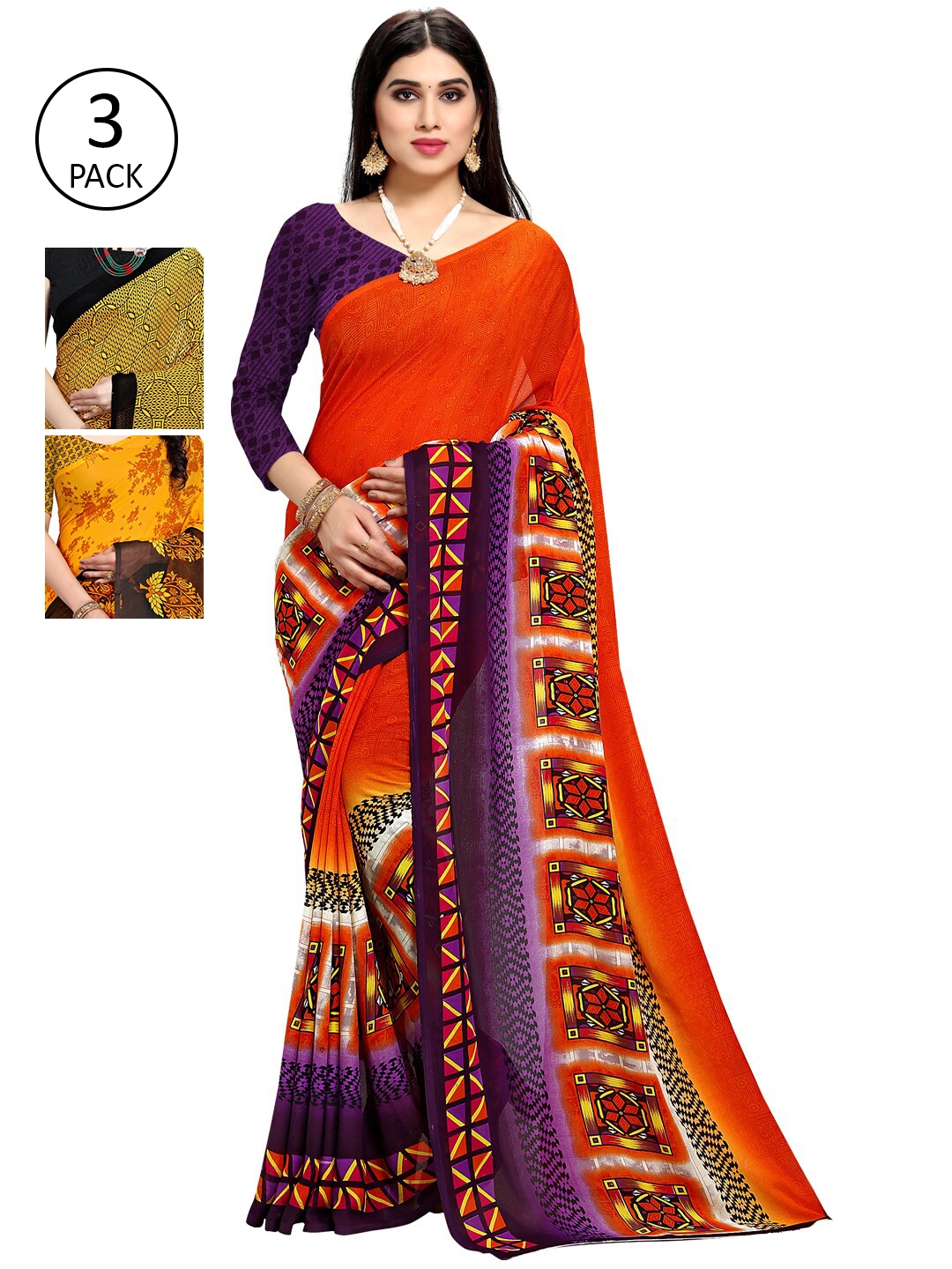 

KALINI Pack of 3 Orange & Yellow Saree