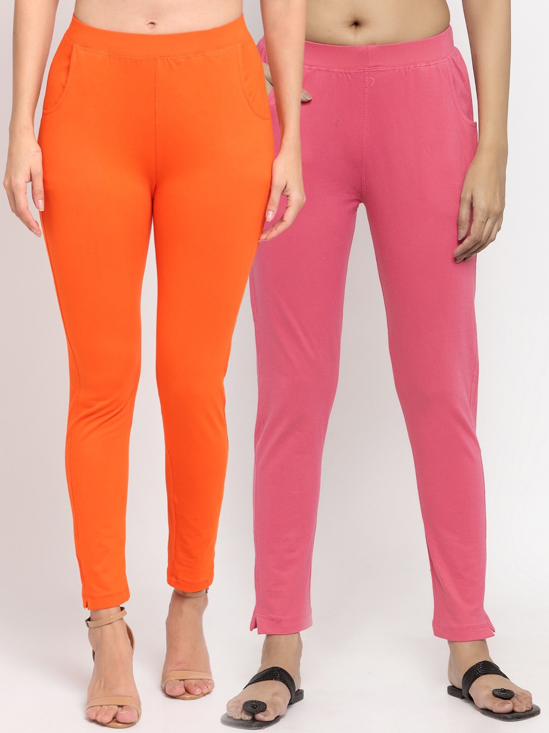 

NEUDIS Women Pack Of 2 Solid Straight-Fit Ankle-Length Leggings, Orange
