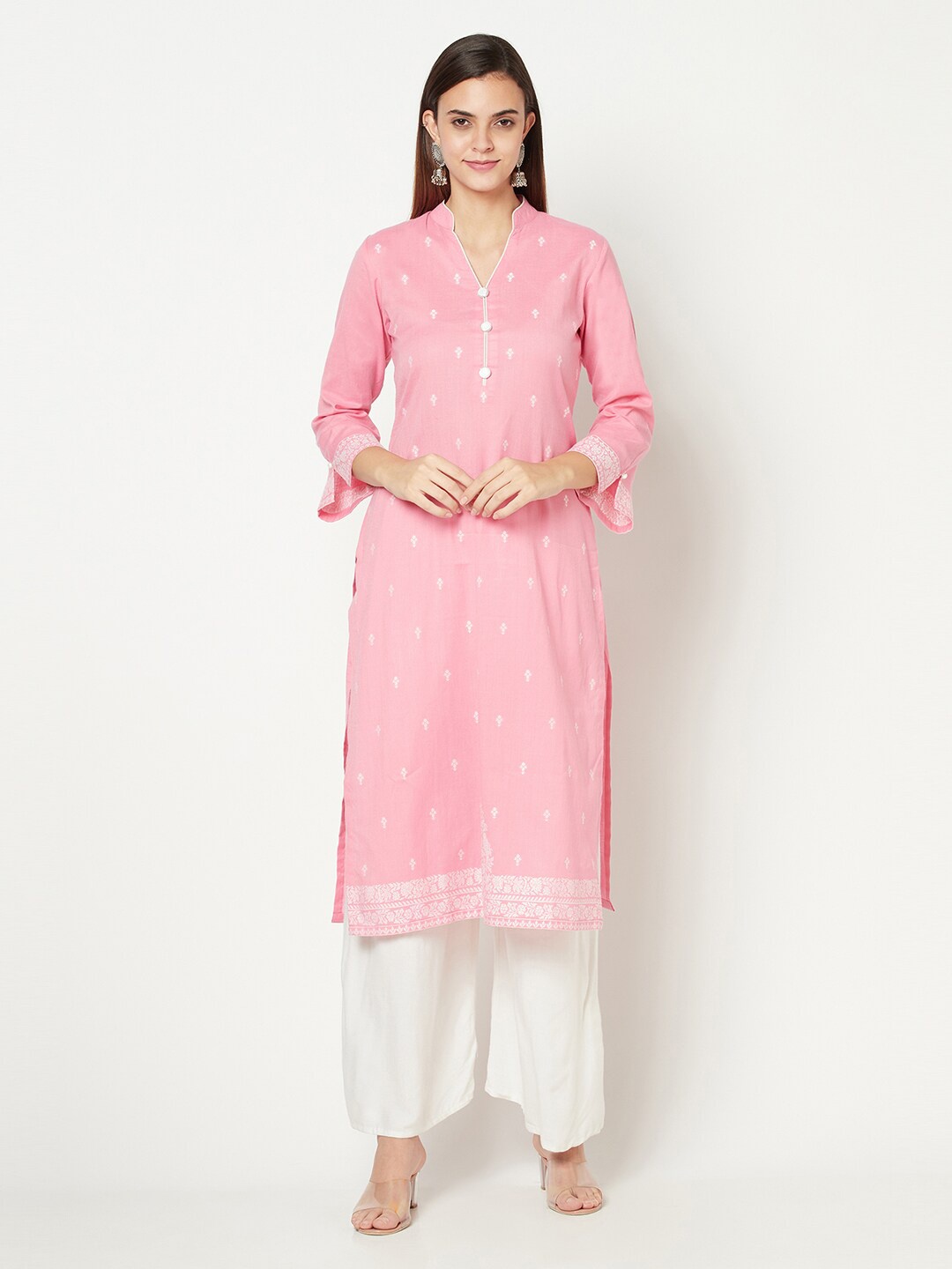 Safaa Women Pink & White Geometric Printed Kurta