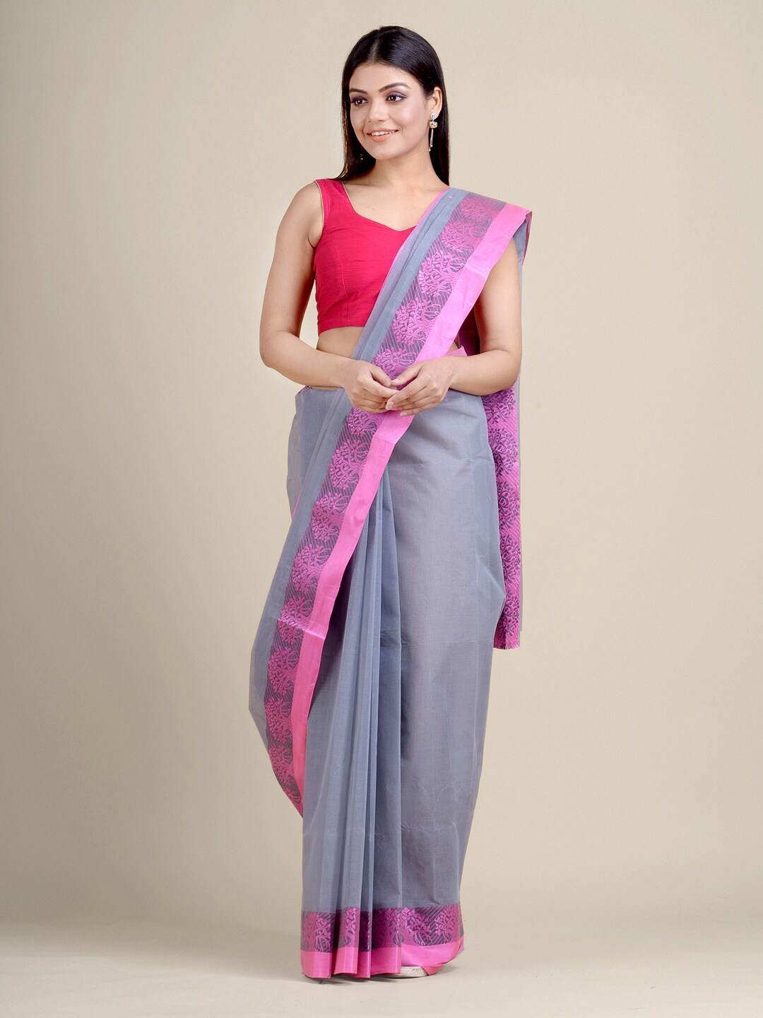 

Charukriti Grey & Pink Handwoven Pure Cotton Taant Saree