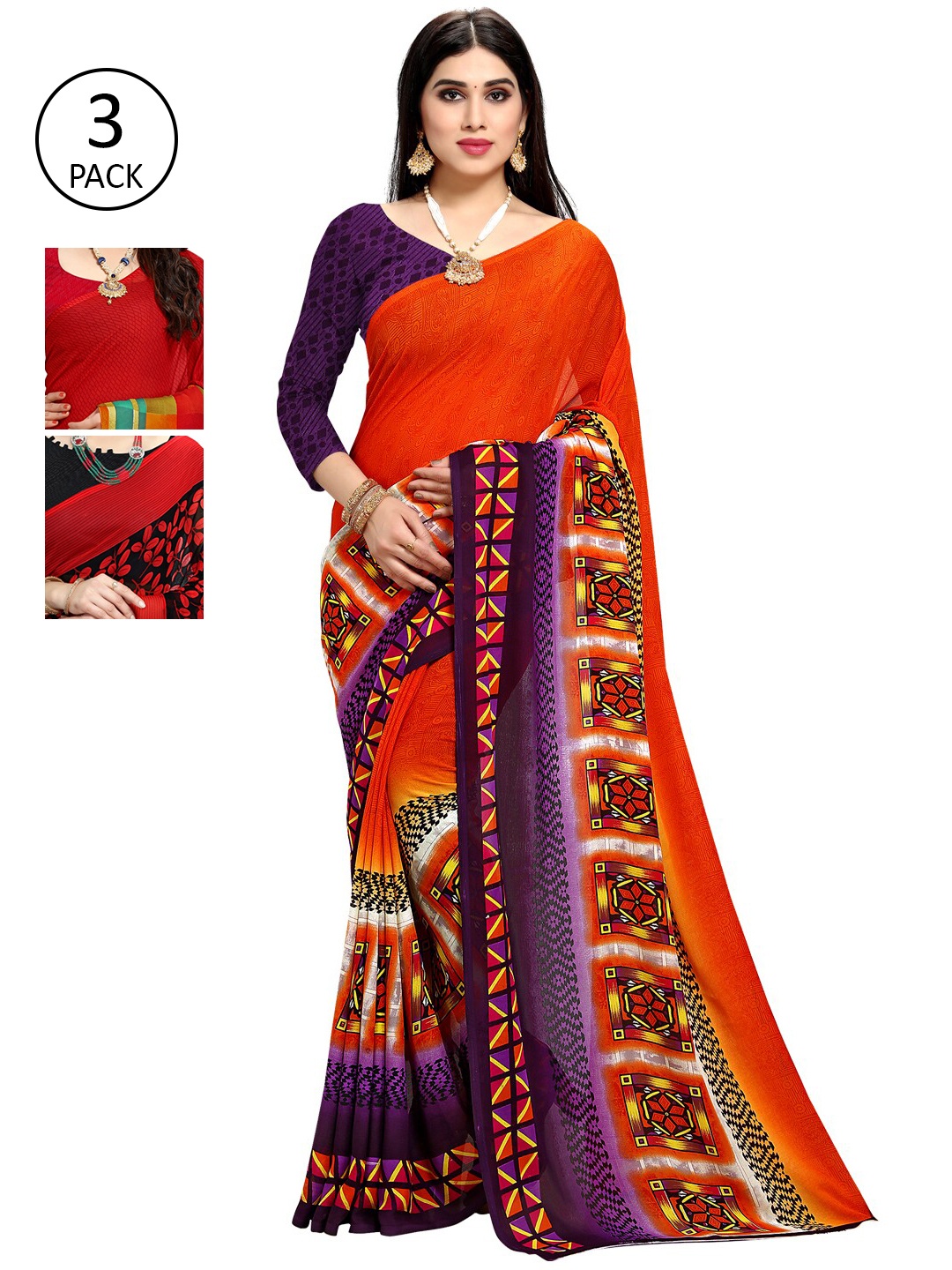 

KALINI Pack of 3 Orange & Red Poly Georgette Sarees