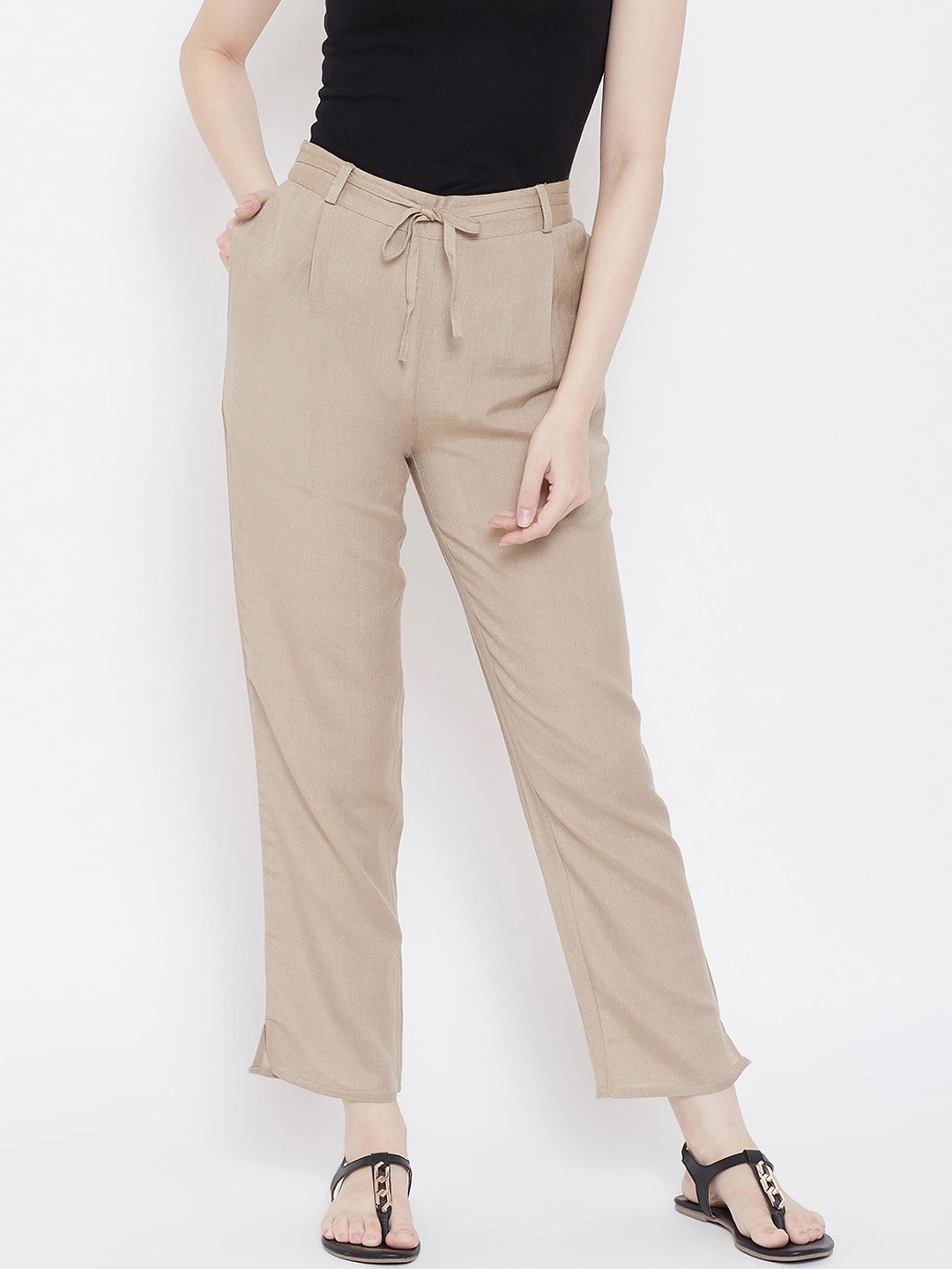 

Be Indi Women Beige Straight Fit Pleated Cotton Trousers