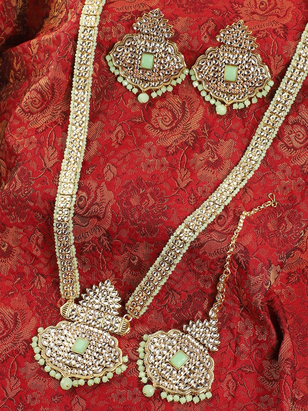 

ANIKAS CREATION Gold-Plated Sea Green & White Stone-Studded Handcrafted Jewellery Set
