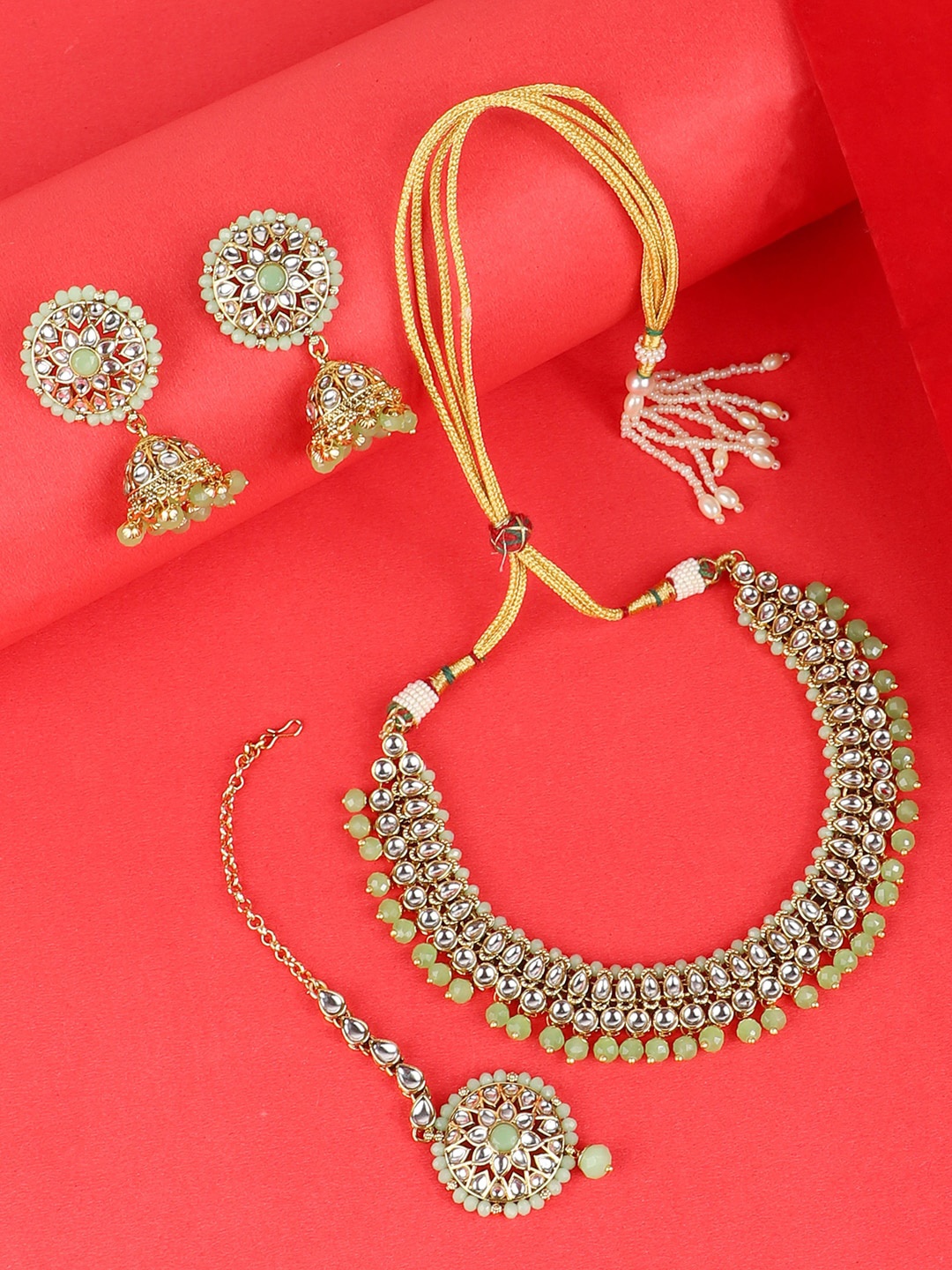 ANIKAS CREATION Gold-Plated White & Sea Green Stone-Studded & Beaded Handcrafted Jewellery Set