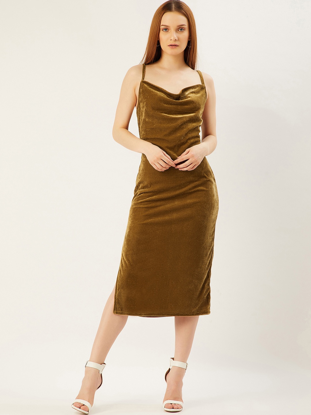

ANVI Be Yourself Gold-Toned Cowl Neck Velvet Sheath Midi Dress
