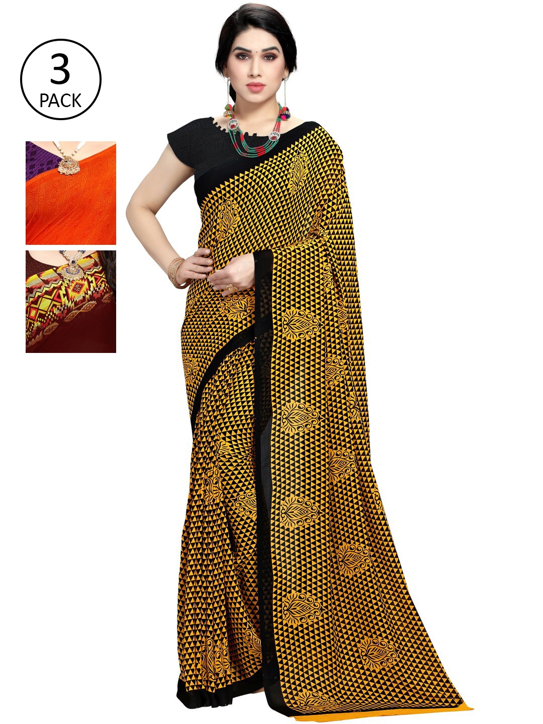 

KALINI Pack of 3 Printed Poly Georgette Sarees, Multi