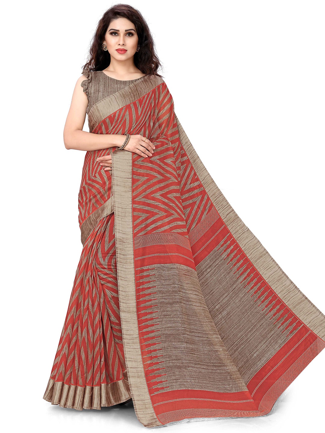 

KALINI Red & Beige Striped Saree