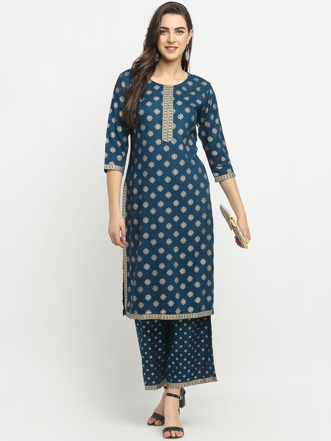 

Rudra Bazaar Women Teal Blue Ethnic Motifs Printed Kurta with Palazzos