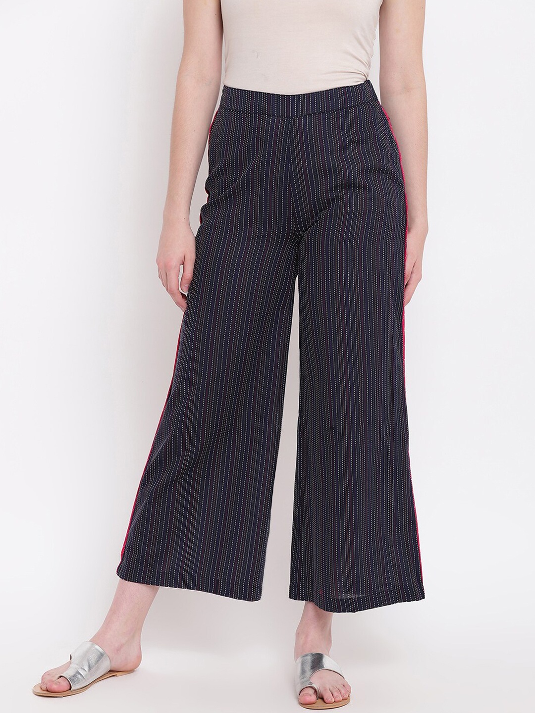 

Be Indi Women Navy Blue Striped Flared Parallel Trousers