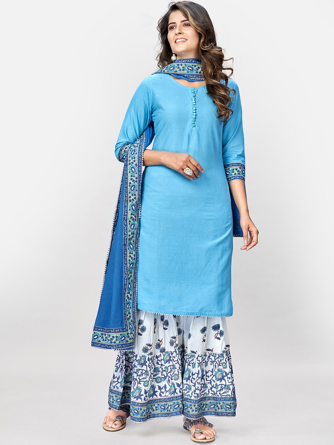 

Vbuyz Women Blue Kurta with Sharara & With Dupatta