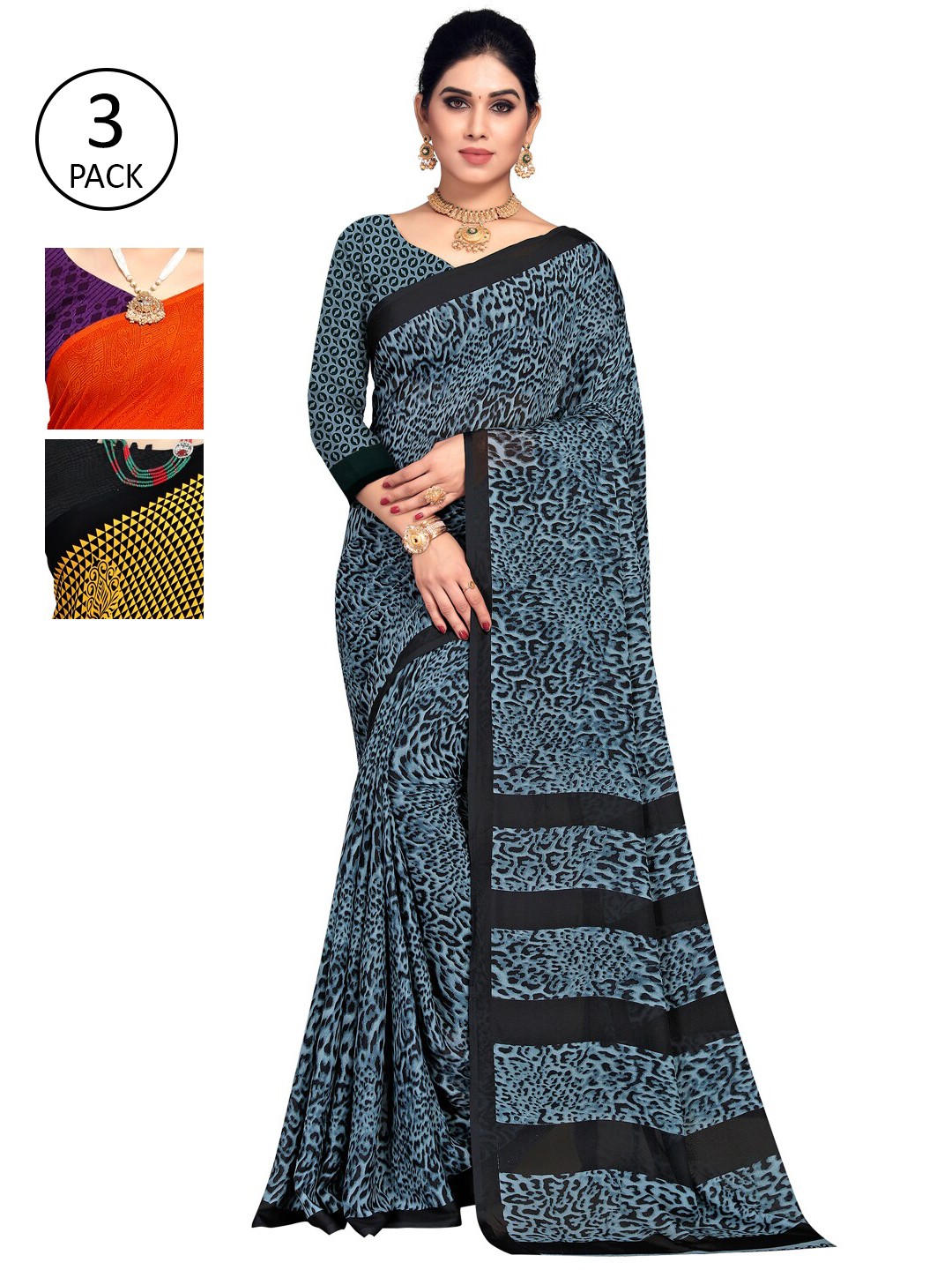 

KALINI Pack of 3 Printed Poly Georgette Sarees, Multi