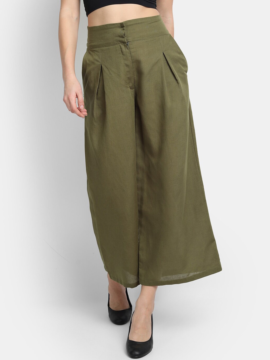 

LY2 Women Green Loose Fit High-Rise Pleated Parallel Trousers