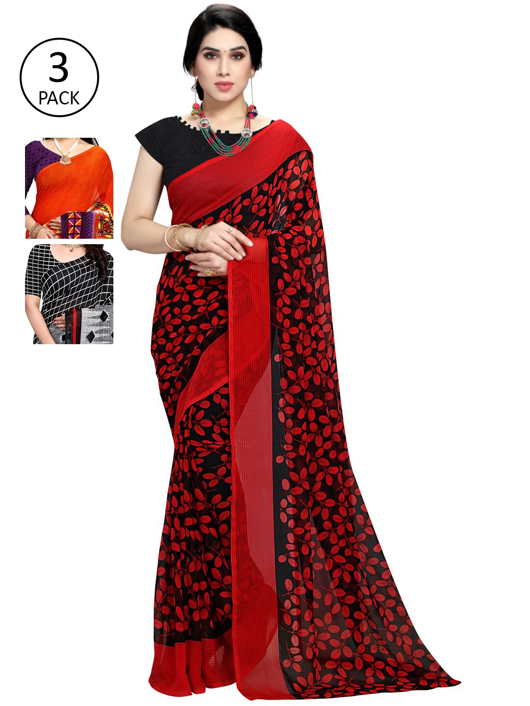 KALINI Pack of 3 Orange & Red Saree