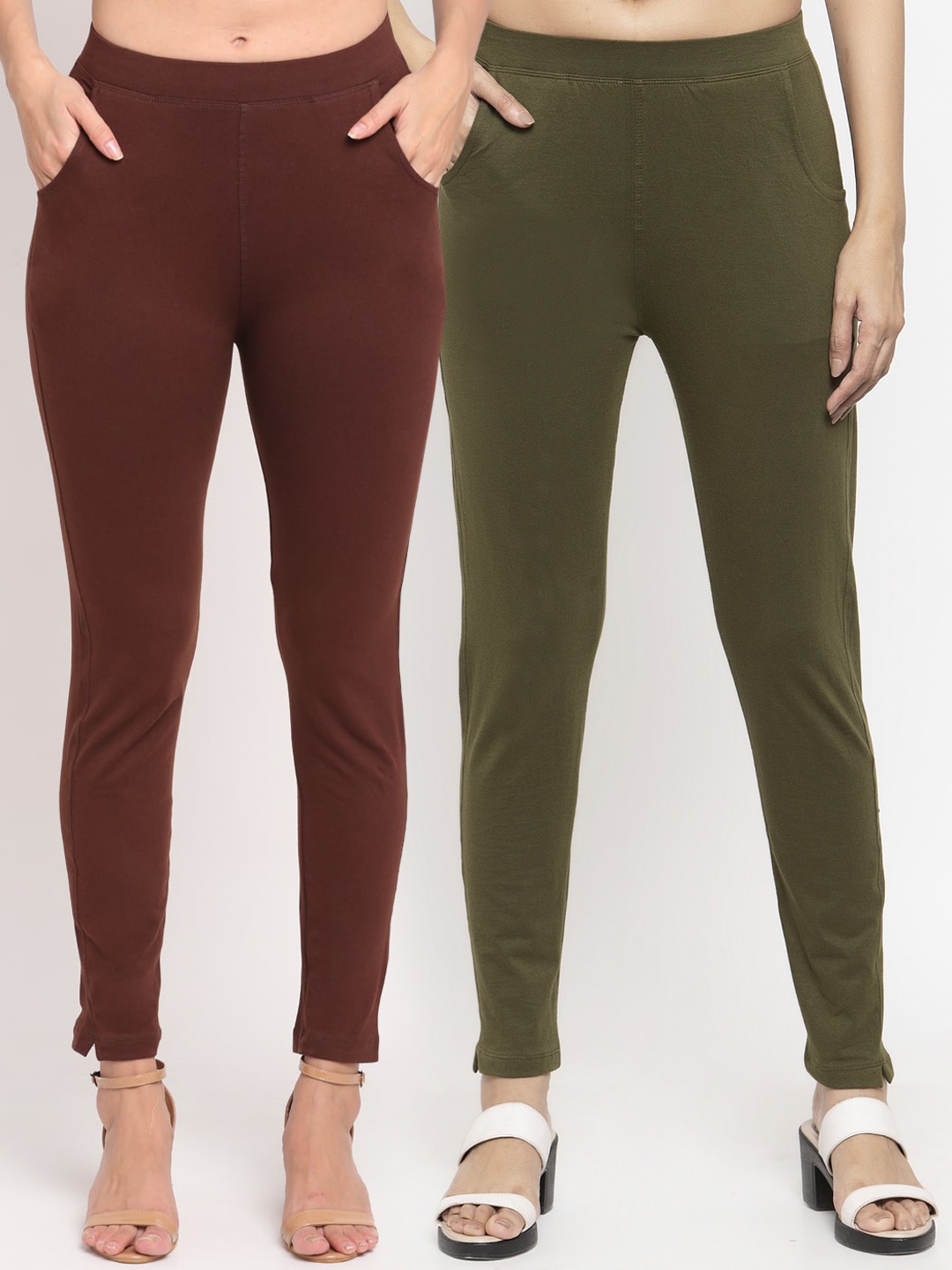

NEUDIS Women Pack Of 2 Solid Ankle-Length Leggings, Brown