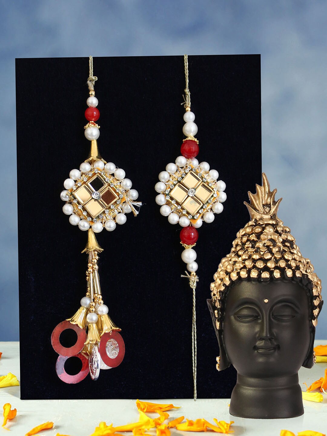 

TIED RIBBONS White & Black Bhaiya Bhabhi Lumba Rakhi with Buddha Head Idol Gift Pack
