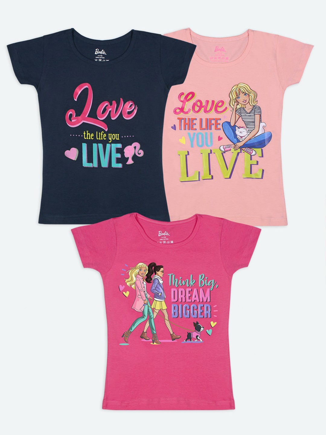 

Barbie Girls Pack-3 Multicoloured Typography Printed T-shirt, Multi