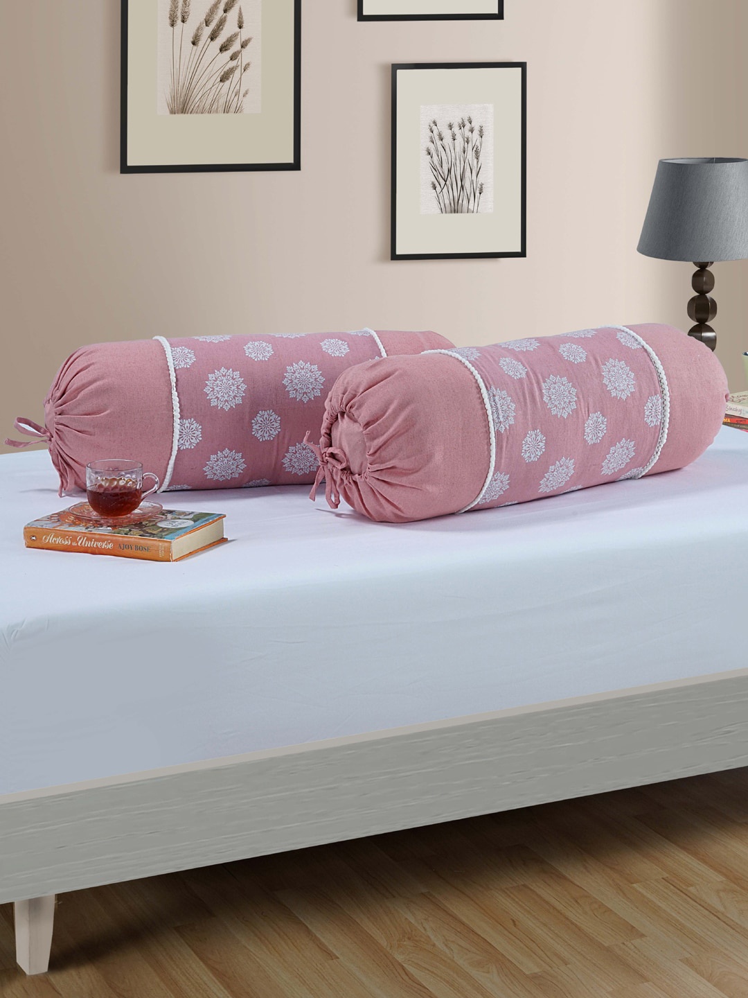 

SWAYAM Set Of 2 Peach-Coloured & White Printed Cotton Bolster Covers
