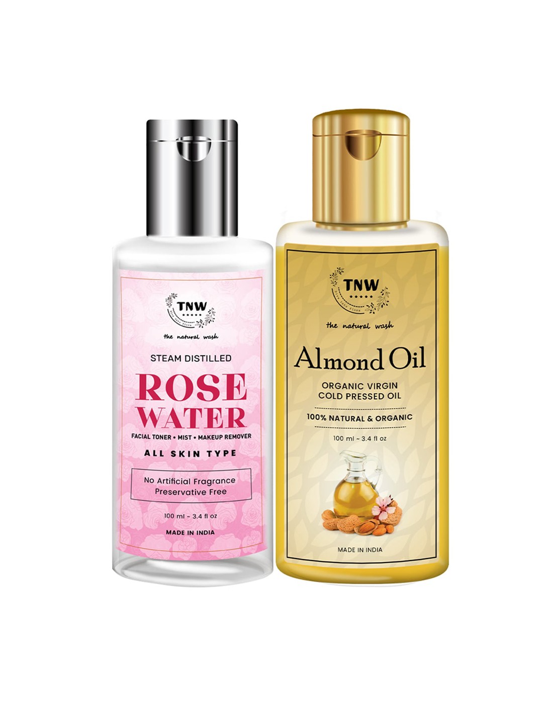 

TNW The Natural Wash Combo of 2 Almond Oil 100 ml & Rose Water 100 ml, Multi
