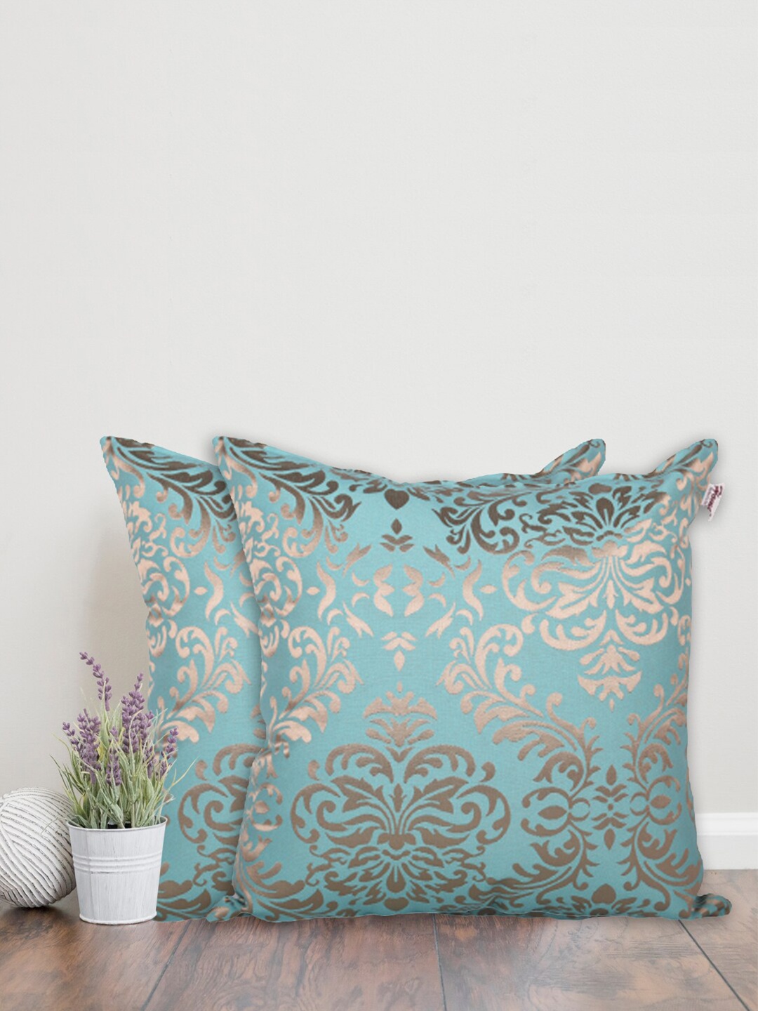 

Home Turquoise Blue & Gold-Toned Set of 2 Ethnic Motifs Square Cushion Covers
