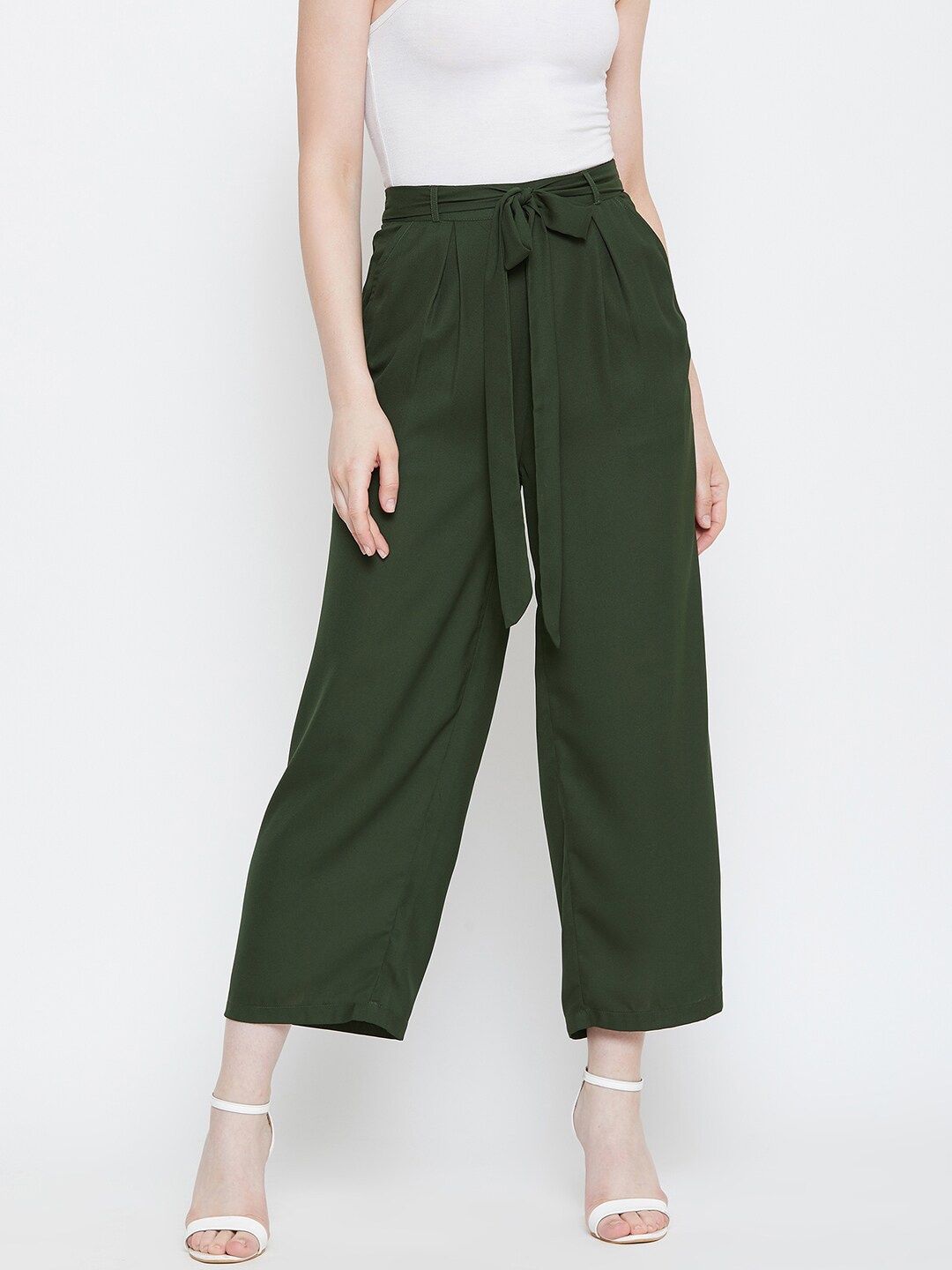 

La Zoire Women Olive Green Flared Georgette Palazzos