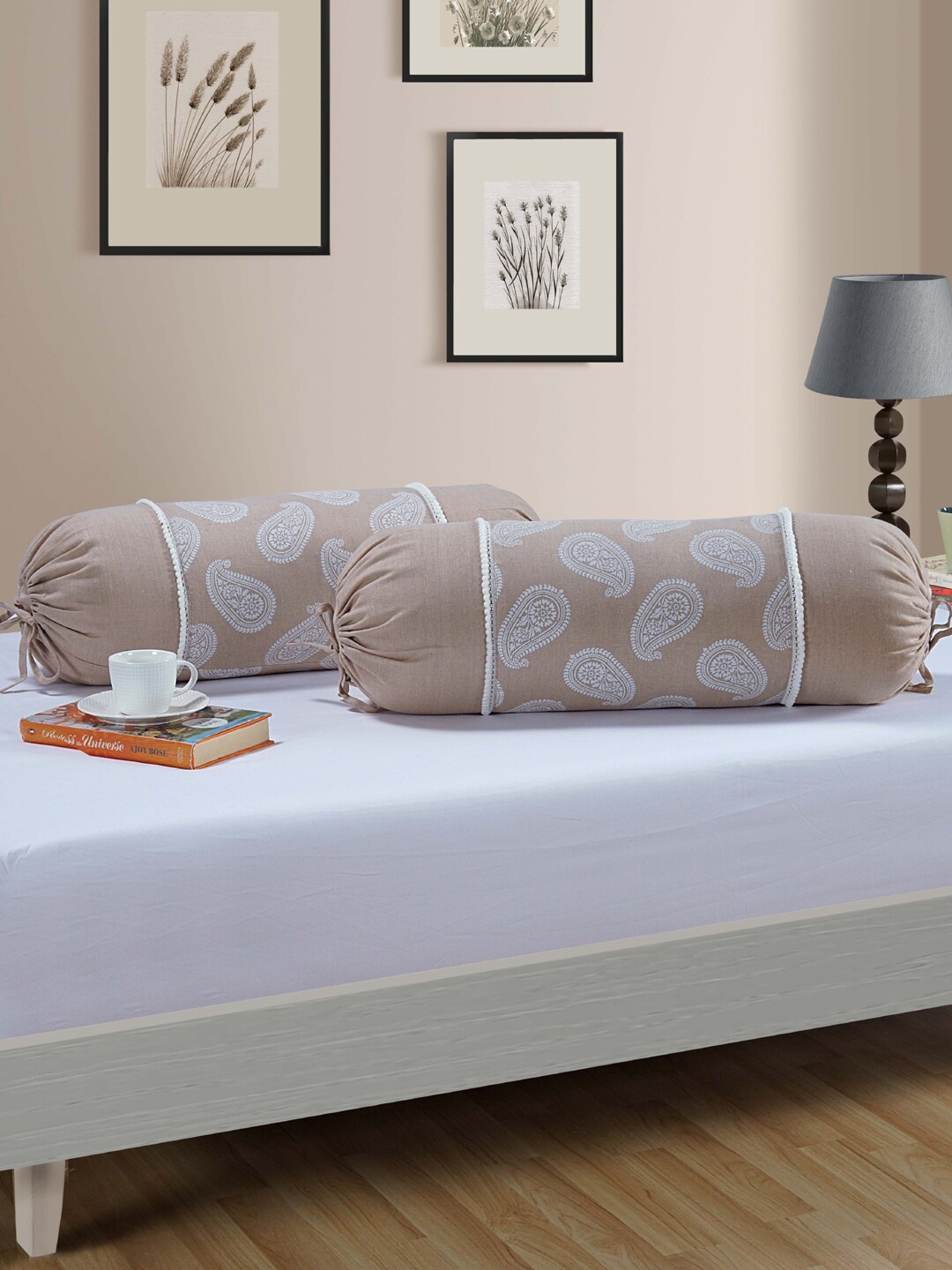 SWAYAM Set Of 2 Beige-Coloured & White Ethnic Motifs Cotton Bolster Covers