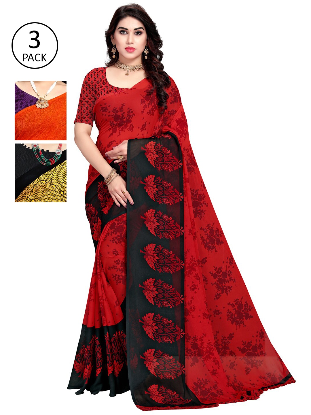 

KALINI Multicoloured Set of 3 Poly Georgette Saree, Multi