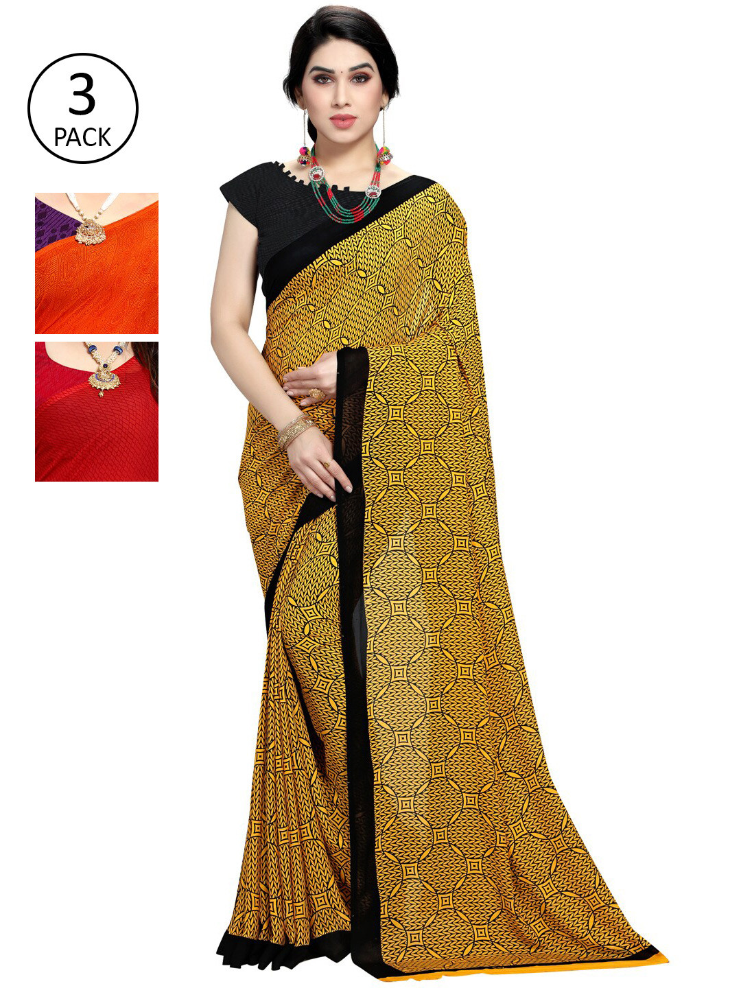 

KALINI Pack of 3 Printed Poly Georgette Sarees, Multi