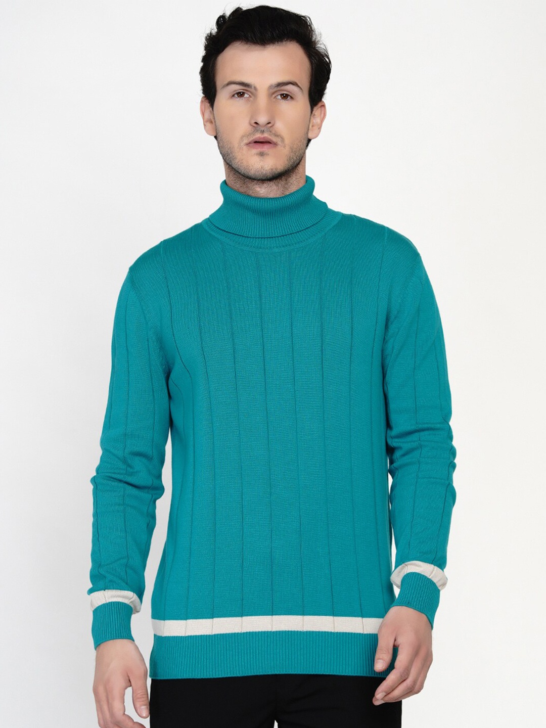

ARMISTO Men Turquoise Blue & White Self Design Turtle Neck Sweater