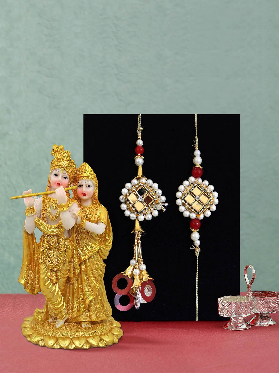 

TIED RIBBONS Multicoloured Bhaiya Bhabhi Lumba Rakhi with Radha Krishna Idol Gift Pack, Multi