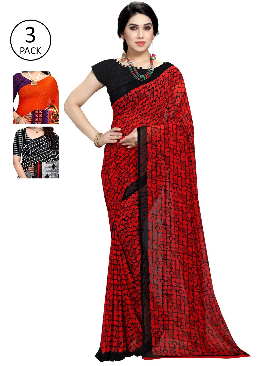 

KALINI Pack of 3 Red & Grey Floral Saree