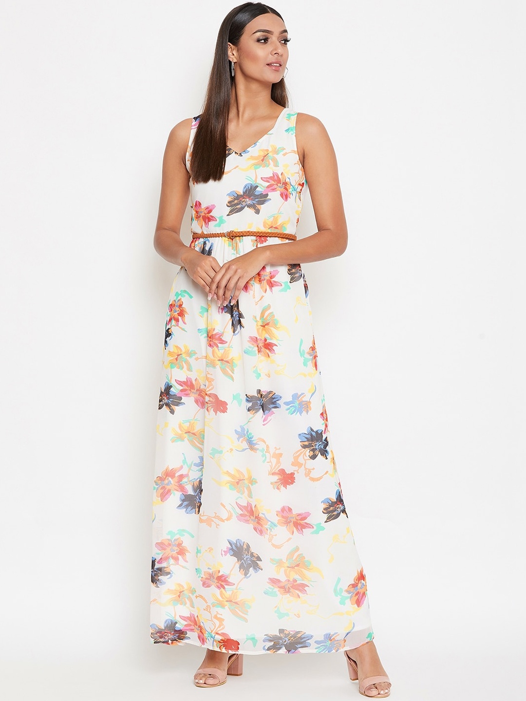 

La Zoire White Floral Georgette Maxi Dress