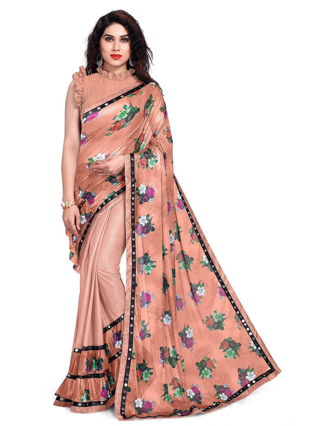 

KALINI Peach-Coloured & Green Floral Mirror Work Bagh Saree