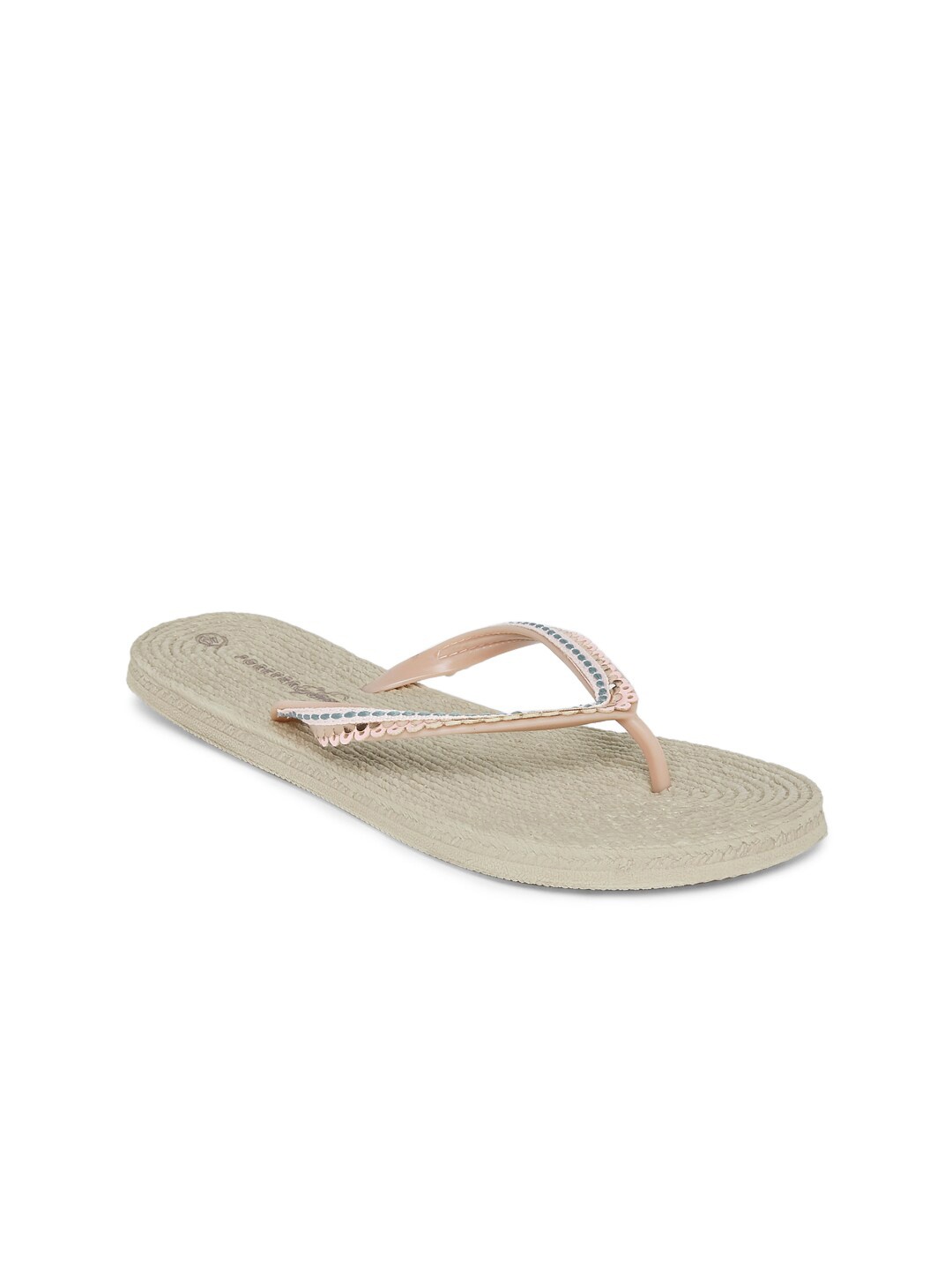 

Forever Glam by Pantaloons Women Beige & Peach-Coloured Embellished Thong Flip-Flops