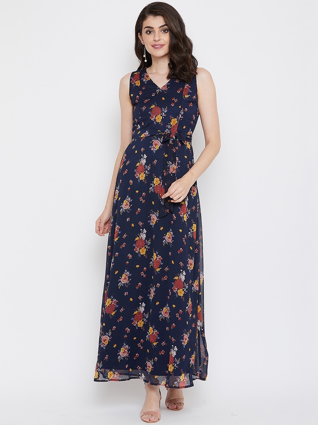 

La Zoire Navy Women Blue Floral Belted Sleeveless Georgette Maxi Dress, Navy blue