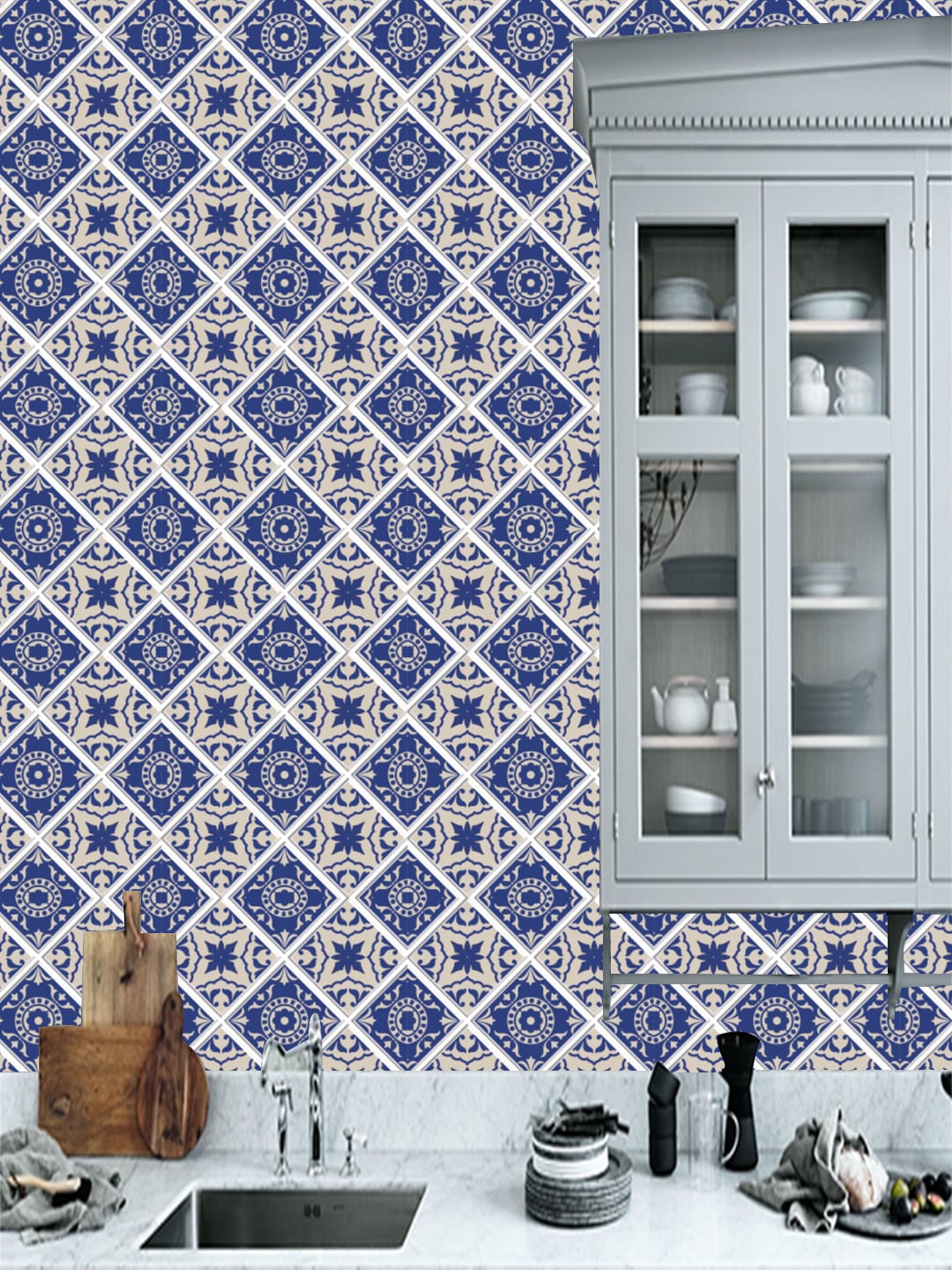 

Jaamso Royals Blue & White Printed Self Adhesive 3D Wallpaper